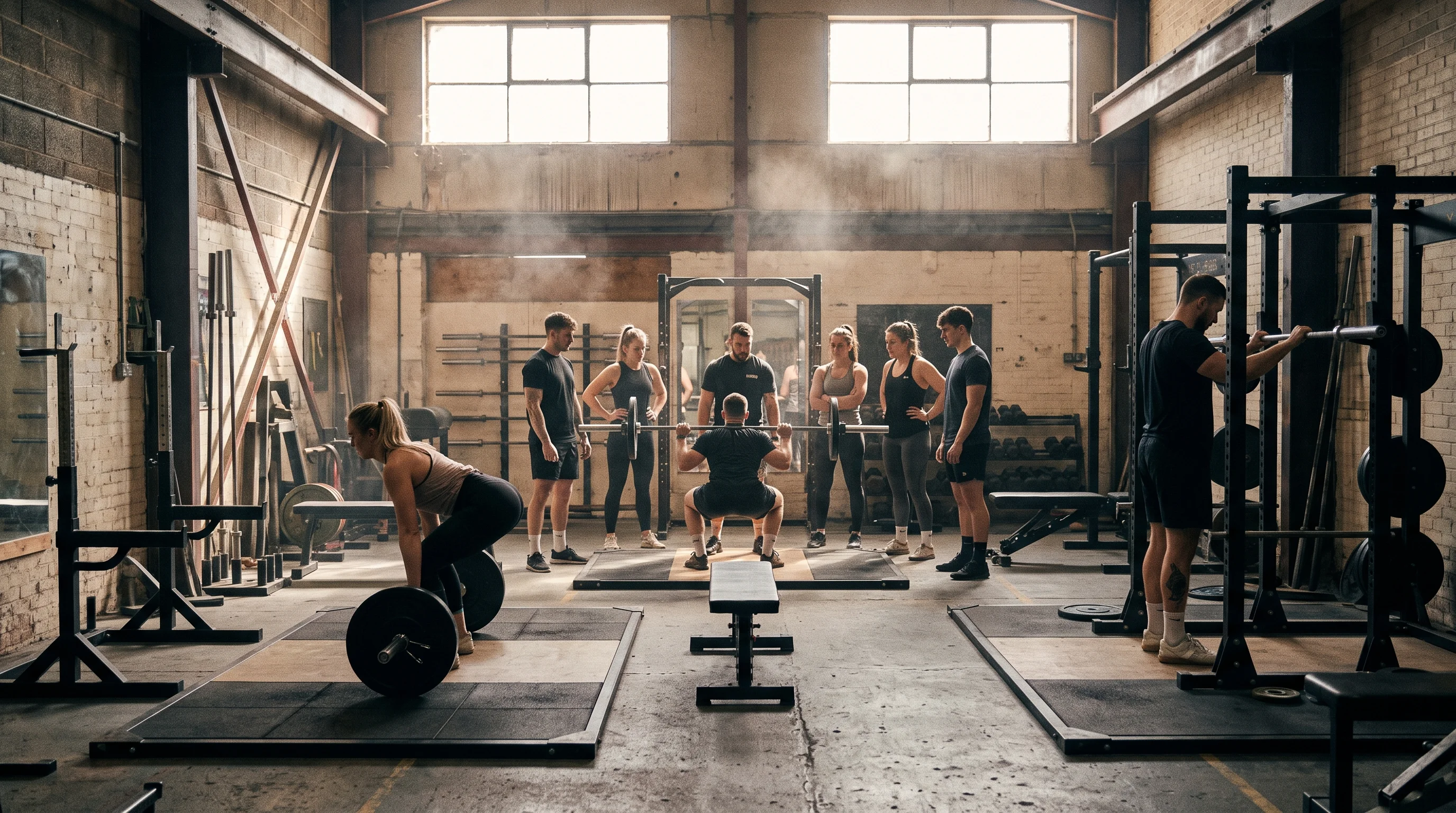 A wide view inside a gym with multiple people weightlifting with barbells and weight plates across different platforms.
