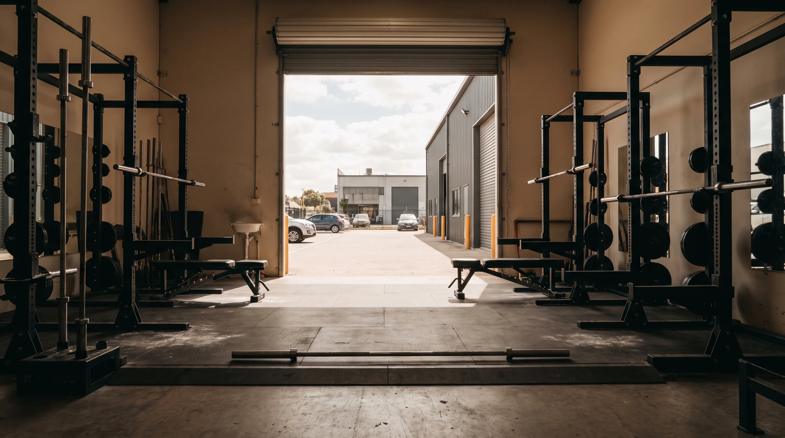 The open roller door seen from inside the gym, daylight and the car park beyond, a rack in the foreground shade