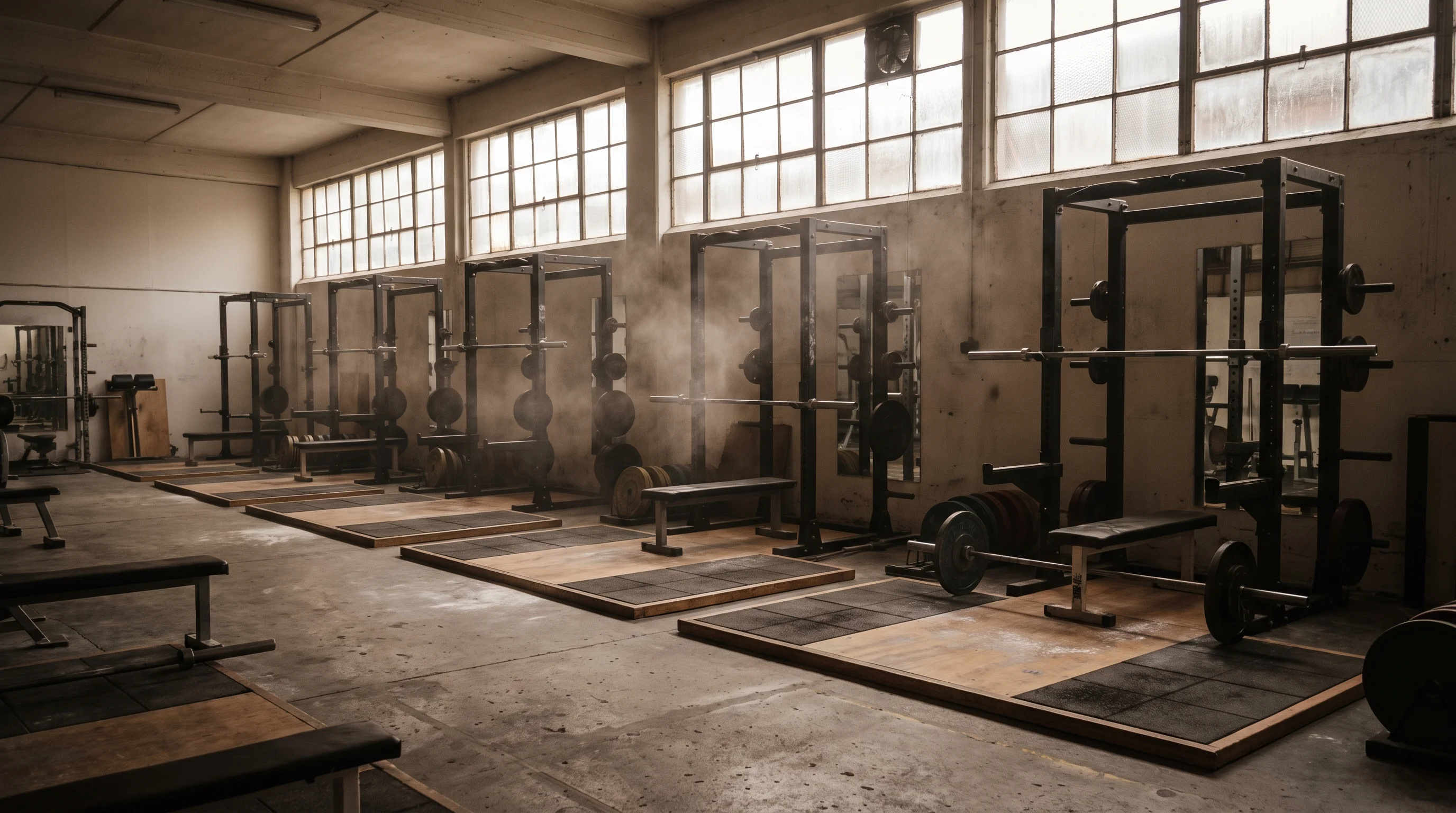 A wide view of an empty gym interior featuring black racks and platforms under high windows.